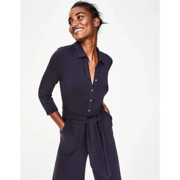 BODEN Beatrice Jersey Jumpsuit Size 8P Navy pockets Stretch Long Sleeves Belt - Picture 3 of 16